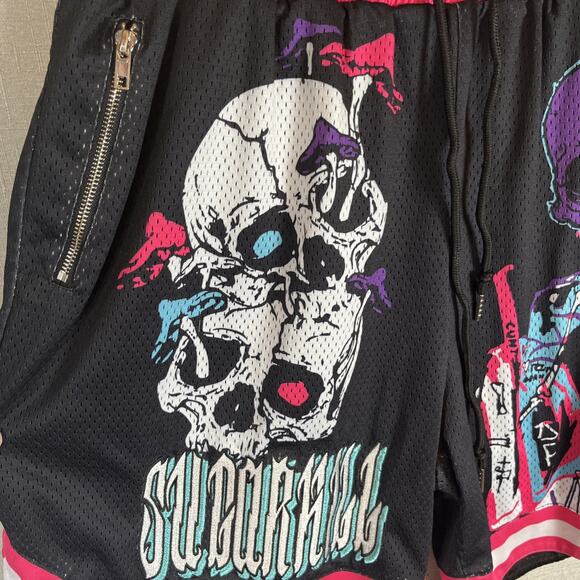 SUGARHILL Sauron Shorts Multicolor All Over Print XXL Grafiti Skull Mushrooms - Picture 11 of 14